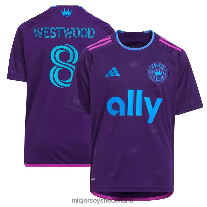 Jersey 6088XJ985 MLS Jerseys kinderen Charlotte FC Ashley Westwood Adidas paarse 2023 replica jersey met kroonjuweel